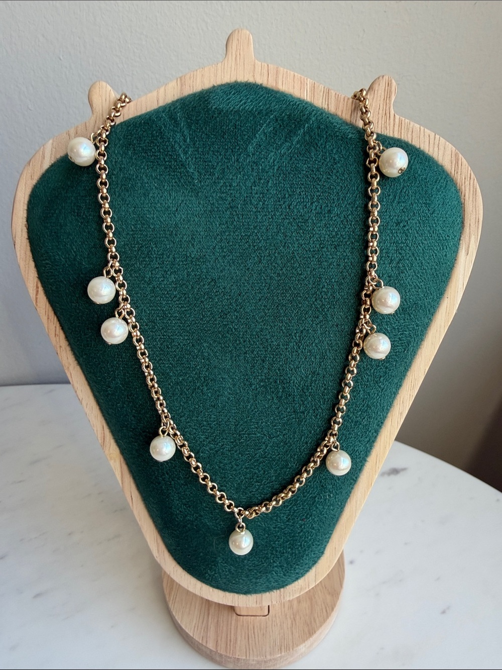 Vintage Gold Chain necklace with White Pearl Drops- Feminine , Romantic